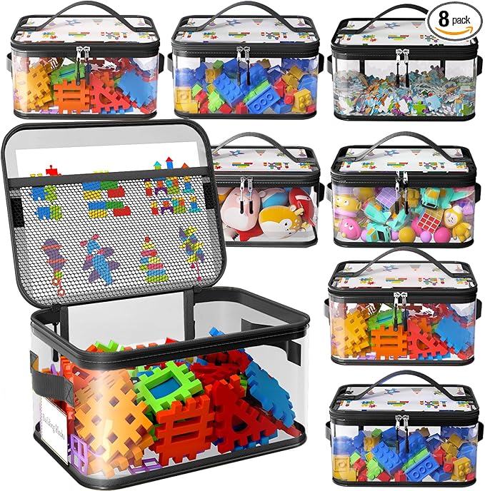 8 Pack Extra Large Clear Toy Storage Bags with Zippers & Labels, Reusable PVC Transparent Waterproof Toy Organizer Bags for Board Game Storage, Building Blocks, Puzzle, Dolls