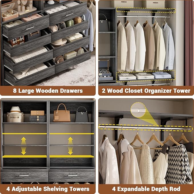 Aheaplus Closet System with 8 Wooden Drawers, Wood Closet Organizer System with Tower, Walk-in Closet Organizer Wardrobe Clothes Rack with 4 Hanging Rods, Garment Rack, Cut to Fit 7-12Ft, Black Oak1