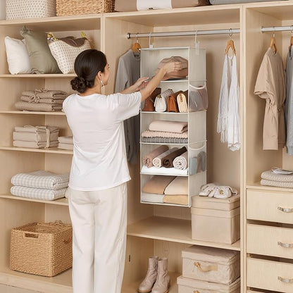 StorageWorks 5-Shelf Hanging Closet Organizers, Foldable Closet Storage Organizer with 2 Side Pockets, Portable Hanging Shelves for Clothes, Sweater, 12 1⁄2" D x 15" W x 48" H, White & Ivory