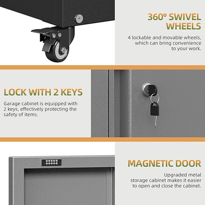 Garage Storage Cabinet with Wheels, Metal Storage Cabinets for Hanging Tools, Rolling Tool Cabinet, 34''H Heavy Duty & Rust Resistant Storage Cabinet for Garage, Warehouse, Office
