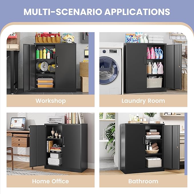36" H Metal Storage Cabinet, Black Metal Cabinet with 2 Lockable Doors and 2 Adjustable Shelves, Garage Storage Cabinet for Home Office, Garage, School, Apartment, Warehouse