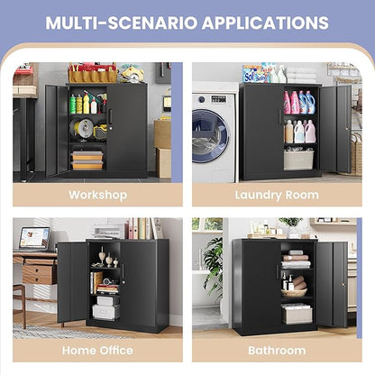 36" H Metal Storage Cabinet, Black Metal Cabinet with 2 Lockable Doors and 2 Adjustable Shelves, Garage Storage Cabinet for Home Office, Garage, School, Apartment, Warehouse