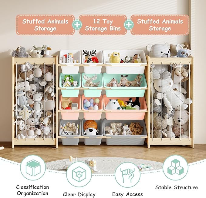 Large Toy Storage Organizer, Wooden Stuffed Animal Storage & 12-Bins Toy Organizer, Double-Sided Plush Toy Holder Featuring Thicker Ropes, Space Save Playroom Bedroom Nursery Storage, Multi