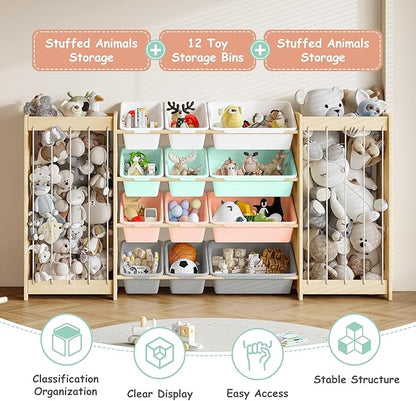 Large Toy Storage Organizer, Wooden Stuffed Animal Storage & 12-Bins Toy Organizer, Double-Sided Plush Toy Holder Featuring Thicker Ropes, Space Save Playroom Bedroom Nursery Storage, Multi