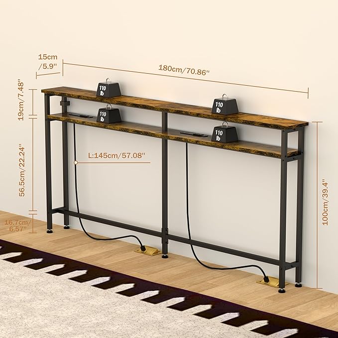 70 Inch Double-Layer Narrow Console Sofa Table with 2 Power Outlets&4 AC Plugs&4 USB Ports, 4.9' Extension Cord Included, Behind Couch Table for Living Room/office Easy Assembly - Rustic Brown