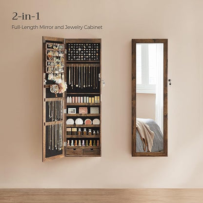 SONGMICS 6 LEDs Mirror Jewelry Cabinet, 47.2-Inch Tall Lockable Wall or Door Mounted Jewelry Armoire Organizer with Mirror, 2 Drawers, 3.9 x 14.6 x 47.2 Inches, Rustic Brown UJJC93CB