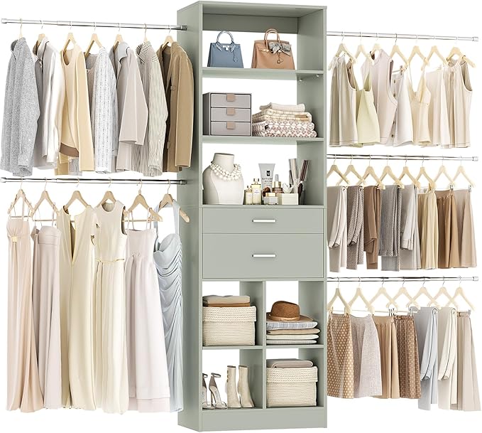 Closet System, 4-8 FT Closet Organizer Tower with 2 Wooden Drawers and 5 Hanging Rods, Can Fit 60 to 96 inch Walk-in Closet System, Crab Green
