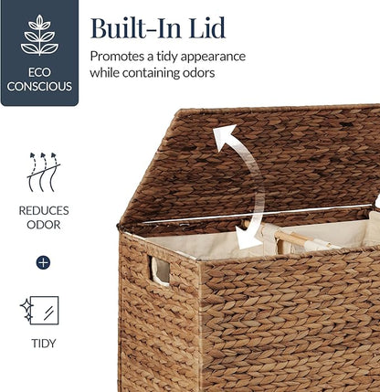 Best Choice Products Large Double Laundry Hamper with Lid, Natural Handwoven Water Hyacinth, 2 Sections w/ 2 Machine Washable Linen Liner Bags, Portable, Handles - Chestnut