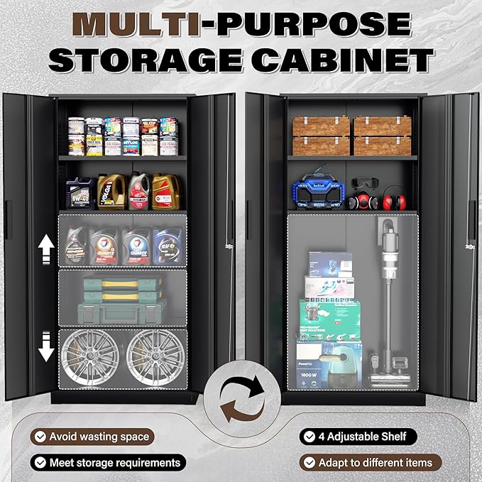 72” Metal Storage Cabinet, Lockable File Cabinets with 2 Doors and 4 Adjustable Shelves, Steel Tool Cabinets with Lock for Office, Home, Gym, Black-Small
