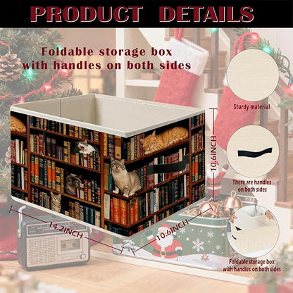 Vintage Cat Book Lovers Storage Bin Box with Handles, Retro Cat Bookish Foldable Organizer Basket Toybox for Reading Corner Room Library Bedroom Bathroom Home Clothes Toys Books