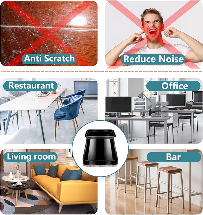 24 Pcs Chair Leg Floor Protectors Square,Black Silicone Felt Furniture Leg Pads Caps Covers for Hardwood Floors(Fit:1-1/16" to 1-5/8")