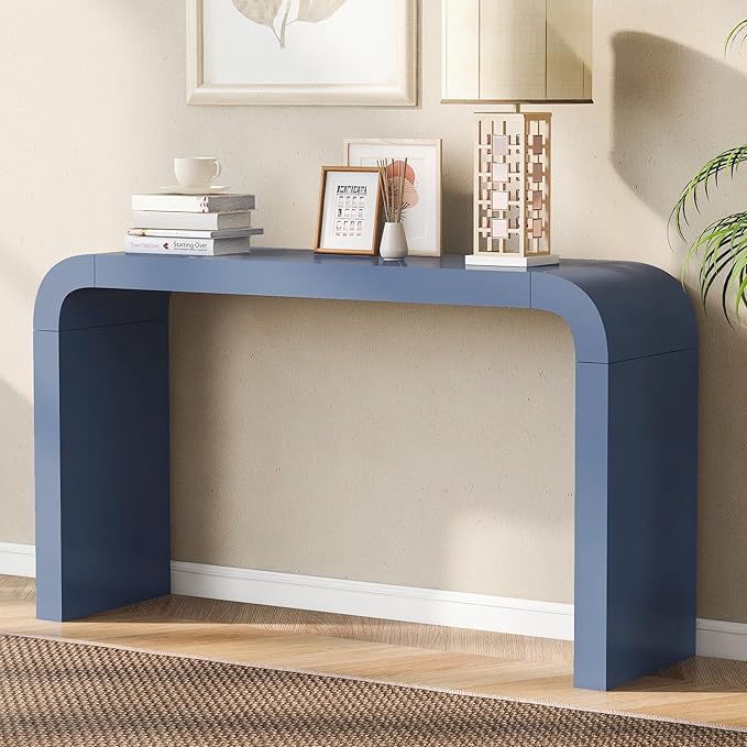 Minimalist Acacia Vneer Entryway Table with Two Legs, Stylish Narrow Wood Entryway Table, Elegant Wood Accent Entry Table for Narrow Spaces,Living Rooms,Entrances,Balconies,Study (Navy Blue-KK99)
