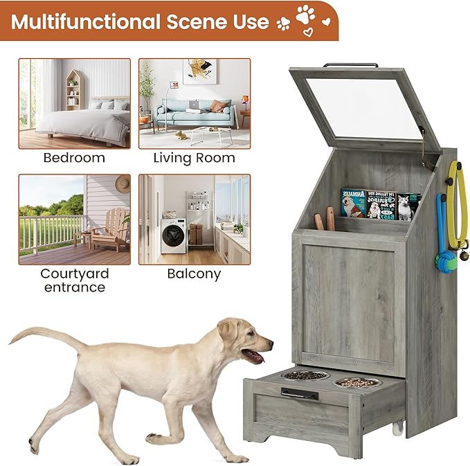 Garvee Dog Feeding Station with 2 Elevated Bowls, Dog Food Storage Cabinet, Flip Top Pet Feeding Station, Food Storage Container, Pet Toy Organizer, Grey
