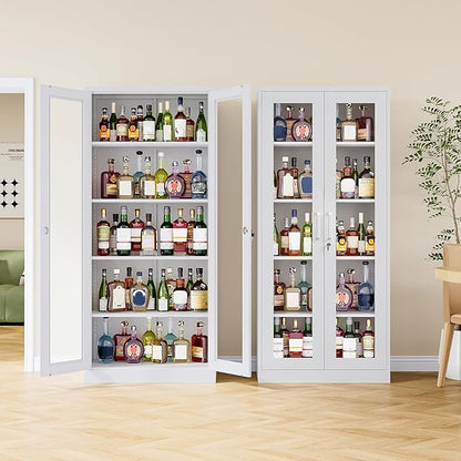 Metal Storage Cabinet with Lock and Glass Doors,71" Tall Glass Display Cabinet,White Storage Cabinets,Locking Curio Cabinets with 5 Shelves for Collectibles,Home,Office,Living Room