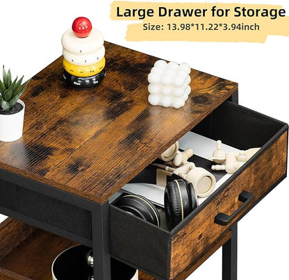 Lerliuo End Table with Fabric Drawer,3 Tier Industrial Wood Side Table with Storage,Modern Tall Printer Stand,Vintage Brown Nightstand,Rustic Bedside Tables for Living Room Bedroom Small Spaces