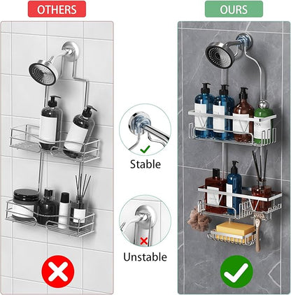 Shower Caddy Hanging - Over the Shower Head Caddy with 2 Baskets, Soap Holder & Razor Holder, Non-Slip Rubber Pads, U-Shaped Hooks and Adhesive Pads for Bathroom Organization - Silver