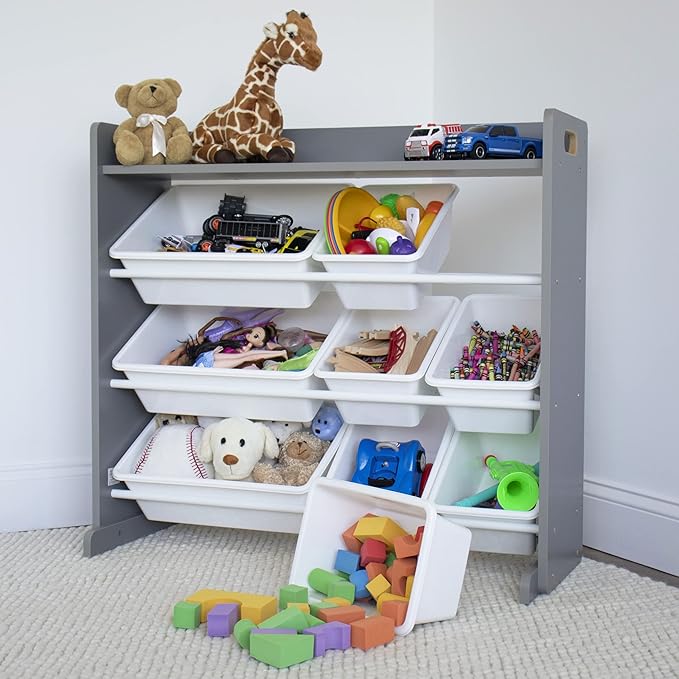 Humble Crew Toy Storage Organizer with Top Shelf and 9 Removable Bins, Grey/White – Toddler Bookshelf with Toy Organizer - Modern Toy Rack Ideal for Kids' Rooms, Playrooms, and Nurseries