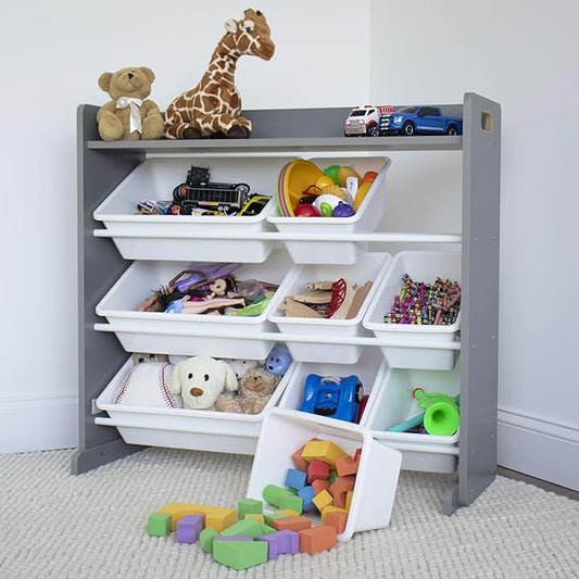 Humble Crew Toy Storage Organizer with Top Shelf and 9 Removable Bins, Grey/White – Toddler Bookshelf with Toy Organizer - Modern Toy Rack Ideal for Kids' Rooms, Playrooms, and Nurseries