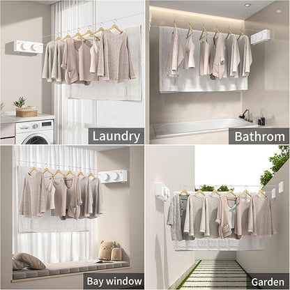 JOOM Retractable Clothesline Indoor Outdoor Clothes Line - Heavy Duty Clothes Drying Laundry Line - Wall Mounted Drying Rack - Air Dry Clothing Lock to Prevent Sagging (Two line,White)