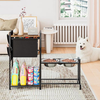 Elevated Dog Bowl with Toy Bin Basket Adjustable Raised Feeding Station Cabinet with 2 Stainless Steel Bowl Pet Storage Organizer for Small Medium Large Dogs and Cats with Non-Slip Mats