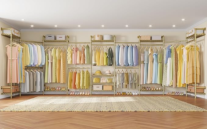 Timate U4 U Shape Garment Rack Heavy Duty Clothes Rack for Hanging Clothes, Expandable Industrial Pipe Clothing Rack Wall Mounted Closet Extra Large Closet Rack Walk in Closet System, Closet Kit Gold