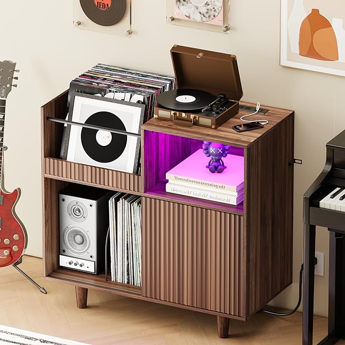 Large Record Player Stand with Power Outlets & LED Lights, Record Player Table Cabinet with Vinyl Record Storage Holds up to 300 Albums, Turntable Stand for Living Room, Bedroom
