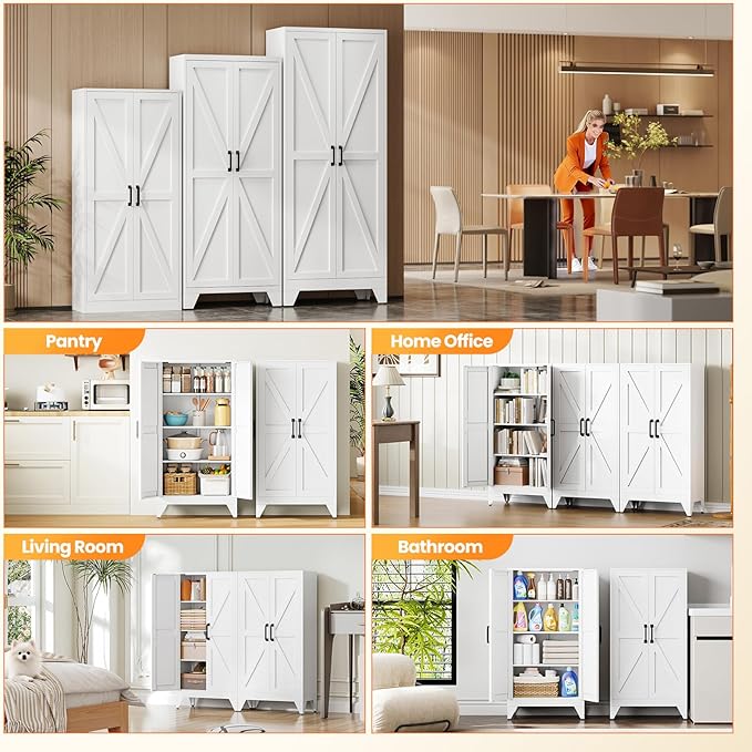 Metal White Storage Cabinet with 2 Doors and 3 Adjustable Shelve,47.3" Tall Kitchen Pantry cabinets,Farmhouse Food Pantry Cabinet,4 Tier Freestanding Barn Door Cupboard for Kitchen Dining/Living Room