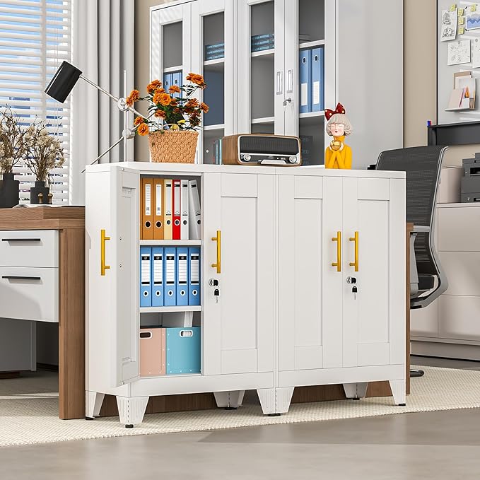 35.43" Lockable Metal Storage Cabinet, Steel Locker File Cabinet with 2 Doors ＆ 2 Adjustable Shelves, Multi-Purpose Organizer for Home, Office File Storage & Garage Locker (White)