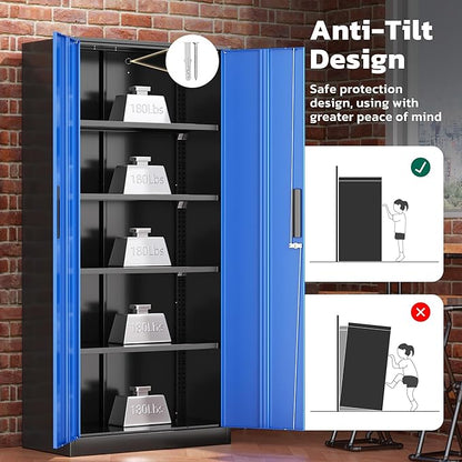 Greenvelly Metal Lockable Storage Cabinet, 72” Storage Cabinet with 2 Doors and 4 Adjustable Shelves for Office, Home, Garage, Pantry (Assembly Required, Black Blue)