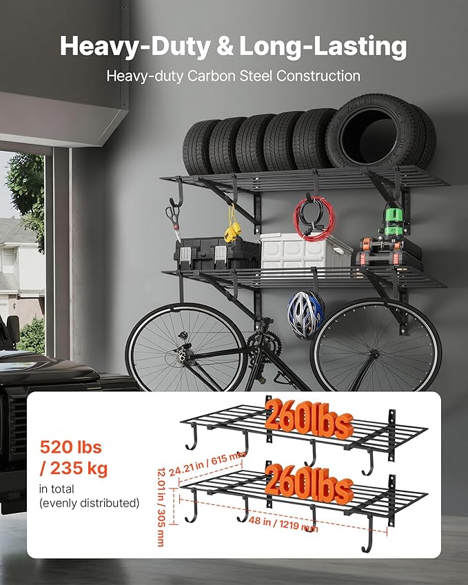 VEVOR 2-Tier Heavy Duty Wall Garage Shelving, 2 x 4 ft Steel Wall Mounted Shelving Unit with Hooks, 24 x 48 Inch Per Shelf Floating Storage Metal Rack for Garage, 520 lbs Total Weight Capacity, Black