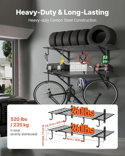 VEVOR 2-Tier Heavy Duty Wall Garage Shelving, 2 x 4 ft Steel Wall Mounted Shelving Unit with Hooks, 24 x 48 Inch Per Shelf Floating Storage Metal Rack for Garage, 520 lbs Total Weight Capacity, Black