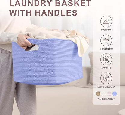 60L Small Baby Girls Laundry Basket for Nursery Storage,Cute Woven cotton Rope Baskets for Kids Toy，Gifts, Boho Square Wicker Blanket hamper for Living Room,Bedroom Dirty Clothes,Blue Purple
