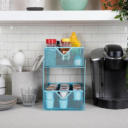 Mind Reader Accessory Organizer, Supply Storage, Makeup, Crafts, Office, Kitchen, Metal Mesh, 8.25"L x 12.5"W x 12.5"H, Blue