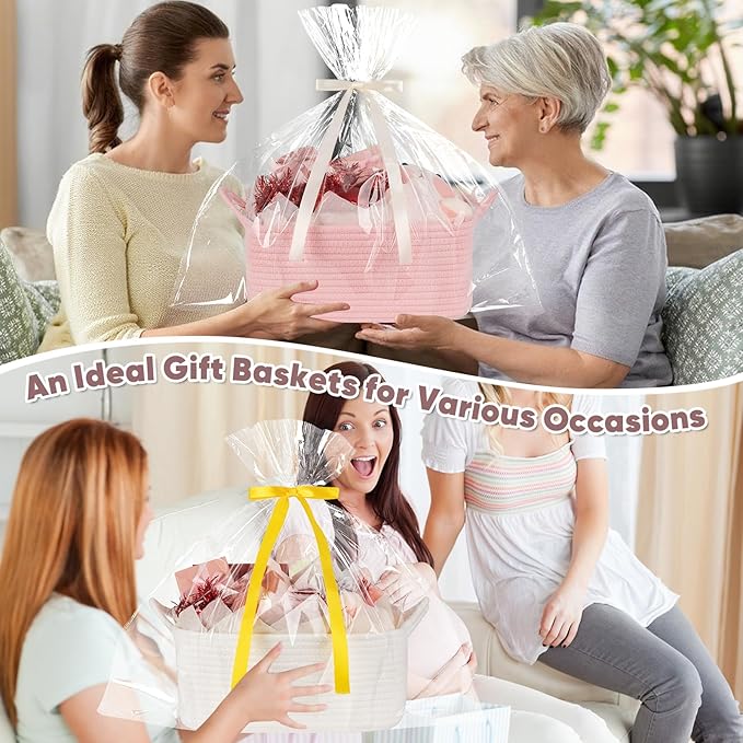 Basket for Gifts Empty, Woven Storage Basket with Gift Bag, Ribbon and Wrap Tissue Paper, Small Rope Toy Storage with Handles for Baby Shower, Dog Toy Organizer, 13.6" x 10" x 5.9”