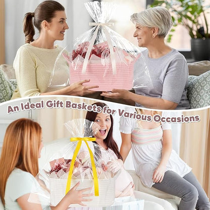 Basket for Gifts Empty, Woven Storage Basket with Gift Bag, Ribbon and Wrap Tissue Paper, Small Rope Toy Storage with Handles for Baby Shower, Dog Toy Organizer, 13.6" x 10" x 5.9”