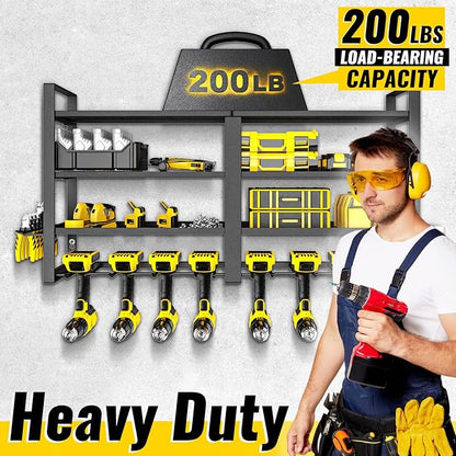 Power Tool Organizer Wall Mount, 4 Layer Heavy Duty Metal Power Tool Storage Rack, 8 Drill Holders Wall Mount, Utility Racks Cordless Tool Storage Rack for Garage Workshop