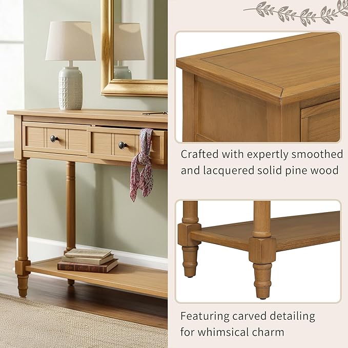 35.34" Console Table Traditional Design with Two Drawers and Bottom Shelf,Natural