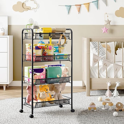 4-Tier Metal Utility Cart, Mesh Wire Rolling Cart on Wheels, Storage Trolley with Easy Assembly, Organizer Craft Cart 3 Hooks, Mobile Shelving Unit for Bathroom, Laundry Room, Home