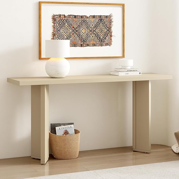Modern Console Table with Pine Veneer and Geometric Legs, Sofa Table, Narrow Entryway Table Suitable for Living Room, Study, Dining Room, Foyer, Easy Assembly (Beige-WW12)