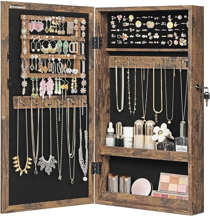 SONGMICS Lockable Jewelry Cabinet Armoire with Mirror, Wall-Mounted Space Saving Jewelry Storage Organizer, Rustic Brown UJJC051K01