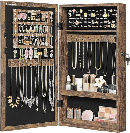 SONGMICS Lockable Jewelry Cabinet Armoire with Mirror, Wall-Mounted Space Saving Jewelry Storage Organizer, Rustic Brown UJJC051K01