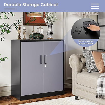 36" H Metal Storage Cabinet, Black Metal Cabinet with 2 Lockable Doors and 2 Adjustable Shelves, Garage Storage Cabinet for Home Office, Garage, School, Apartment, Warehouse