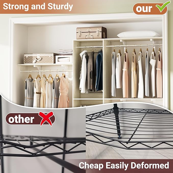 96 Inch Hanging Closet System, 8 FT Closet Organizer System with Hanging Rod, Walk In Mounted Closet System, Built-In Clothes Garment Rack with 3 Shelving Towers(Can Be Cut To Fit), Oak