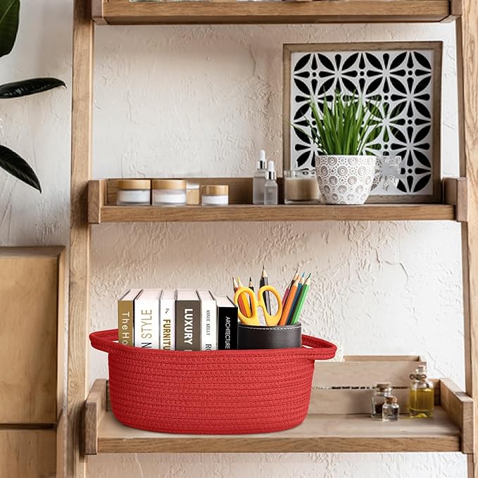 Small Woven Gift Basket, Baskets for Gifts Empty, Cotton Rope Cat Dog Toy Box, Nursery Baby Bin, Wicker Basket with Handles, Shelf Storage and Home Decor, Red, 12"x 8"x 5"