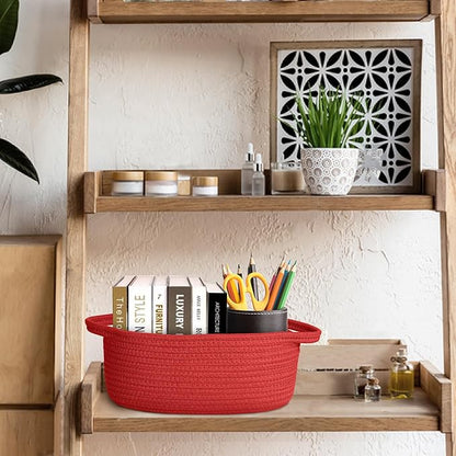 Small Woven Gift Basket, Baskets for Gifts Empty, Cotton Rope Cat Dog Toy Box, Nursery Baby Bin, Wicker Basket with Handles, Shelf Storage and Home Decor, Red, 12"x 8"x 5"