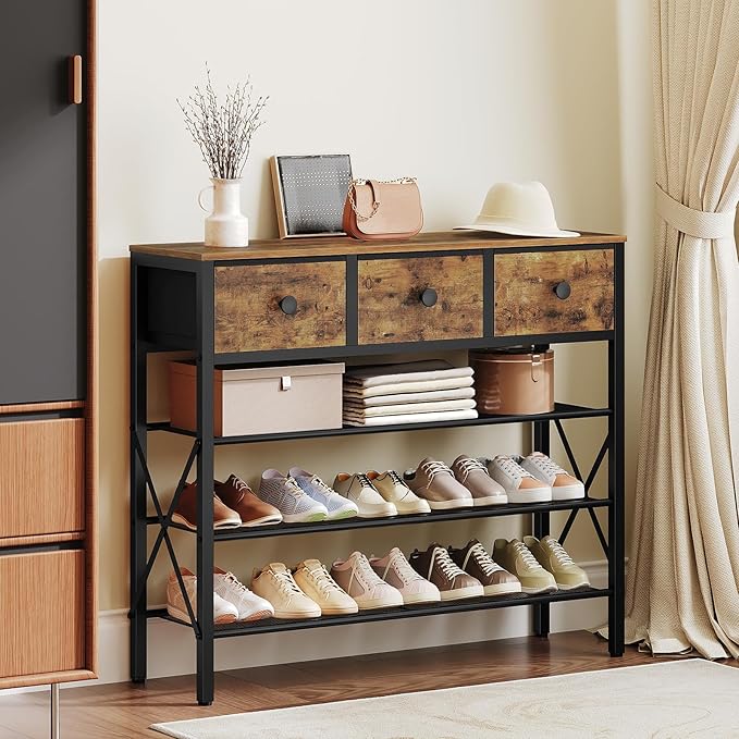 4-Tier Shoe Rack with 3 Drawers, Metal Shoe Organizer for 15 Pairs with Storage Shelves and Wooden Top, for Entryway, Hallway, Foyer, Closet, Rustic Brown and Black SS34BR