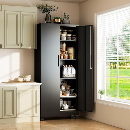 Garage Metal Storage Cabinet with Lock, 71'' Tall Storage Cabinet with Adjustable Shelves and Doors, Rolling Tool Cabinet on Wheels for Garage, Utility Room