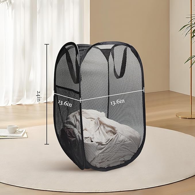 The upgraded pop-up laundry basket features a breathable side pocket mesh design, making it ideal for rooms, apartments, dormitories, travel, business trips, and children's storag(1, Black)