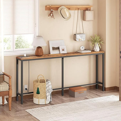 70.9'' Console Table with Power Outlet, Narrow Sofa Table with Charging Station, Skinny Behind Couch Table for Entryway, Hallway, Foyer, Living Room, Rustic Brown CTHR18E01Z1