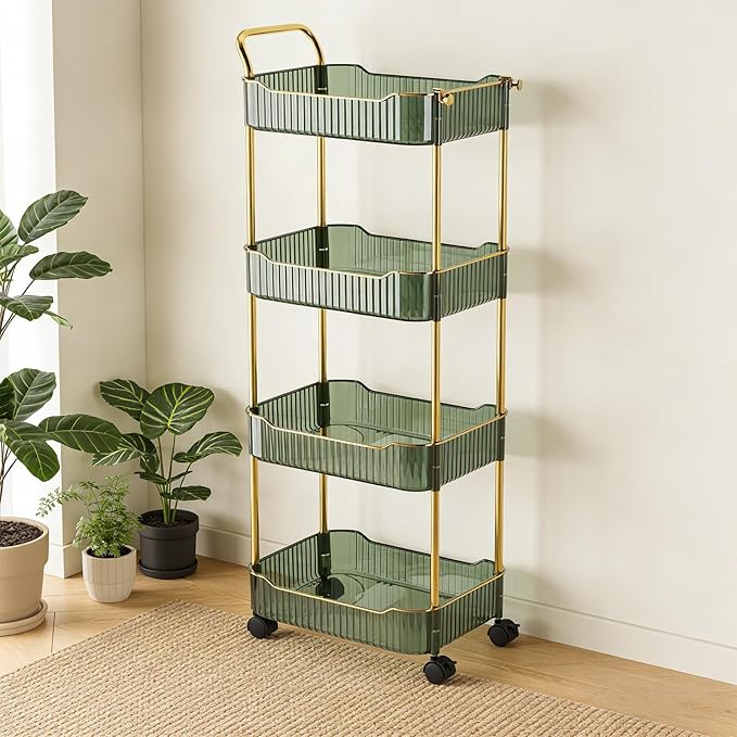 4-Tier Acrylic Rolling Storage Cart, Rolling Utility Cart, Kitchen Cart with Wheels for Bathroom,Living Room, Kithcen, Office Storage and Organization (14''X10''X37'')(Green)